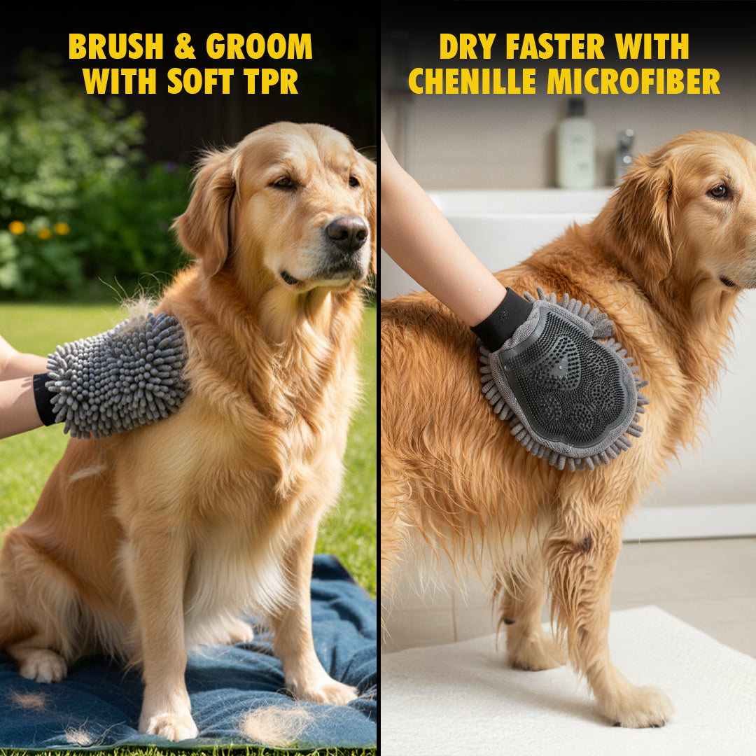 Wumarts Mat® Dog Washing Gloves – Dual-Sided Pet Grooming Mitt with TPR Brush & Chenille Microfiber – Dog Wash Mitt for Bathing, Shedding & Hair Removal – Pet Bath Gloves for All Coat Types