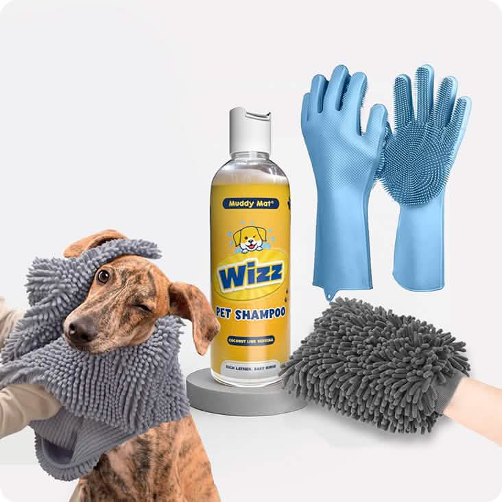 Wumarts Mat® Dog Grooming Bundle – Rubber Scrubbers, Doggy Dryer, Wumarts Mitt & Aloe Vera & Oatmeal Dog Shampoo for Itchy Skin Relief, Smelly Dogs & Sensitive Coats – 17 oz
